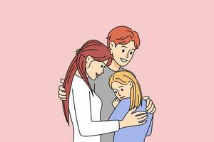 Happy young family with kid hugging showing unity and support. Smiling parents embrace with child feel supportive and comforting. Reunion concept. Flat vector illustration.