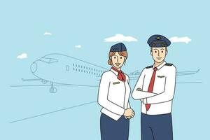 Smiling pilot and stewardess posing together near aircraft. Happy airplane crew members in uniform near plane ready for flight in airport. Flat vector illustration.