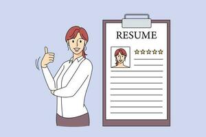 Smiling woman job candidate show thumb up stand next to resume or CV paper. Happy female work applicant recommend hr or recruiting services. Employment concept. Vector illustration.