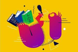 Reading books, enjoying learning and science concept. Young positive girl nerd cartoon character holding heaps of books in hands book enjoying science having fun vector illustration