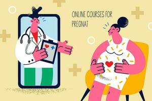 embarazada mujer hablar hablar en vídeo llamada en Teléfono móvil con doctor. ginecólogo hacer web cursos para futuro madres en teléfono inteligente distante formación y comunicación. vector ilustración.