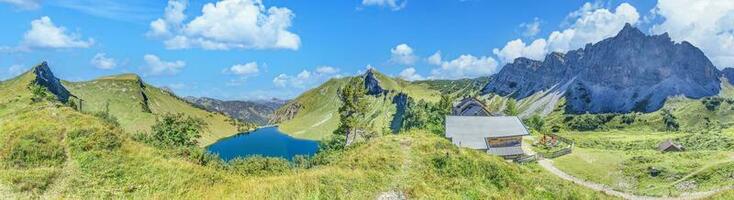 Panoramic view over the mountains on the Three Lakes Route in the Tannheimer Valleyi n summer photo