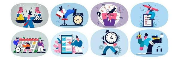 Collection of employees or workers multitask with workload, manage to meet deadline in office. Set of businesspeople overwhelmed stressed with work task. Time management. Vector illustration.