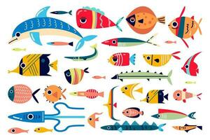 Fish doodle set. Different colorful sea ocean river lake animals funny underwater creatures cartoon characters octopus seahorse jellyfish. Marine life and tropical aquatic fauna illustration for print vector