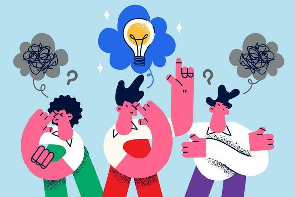Diverse employees involved in creative thinking brainstorm develop business strategy together. Businesspeople think generate new idea in group. Teamwork, cooperation. Vector illustration.