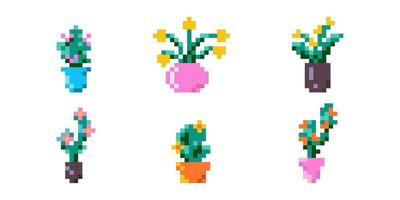 Vases with flowers in pixel art style. Set of indoor plants. Vector illustration in retro style, computer games from the 90s, 2000s.