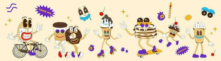 Set of funny sweets characters. Donut on a bike, ice cream, pancake on a skateboard, a glass of coffee. Vector illustration of psychedelics mascots in retro linear style.