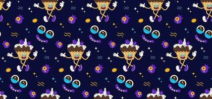 Seamless pattern of funny cake character. Blueberry cupcake mascot in cartoon style. Vector retro line print. Background for bakery, restaurant, cafe.