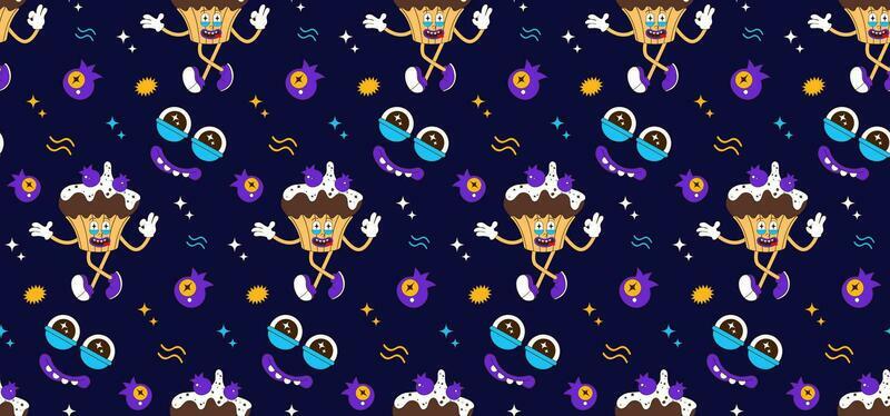 Seamless pattern of funny cake character. Blueberry cupcake mascot in cartoon style. Vector retro line print. Background for bakery, restaurant, cafe.