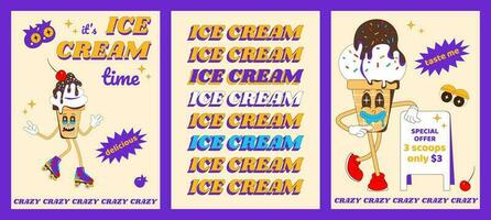 Set of posters with ice cream character. Funny ice cream mascot for cafe, restaurant. Vector illustration in psychedelic retro style.