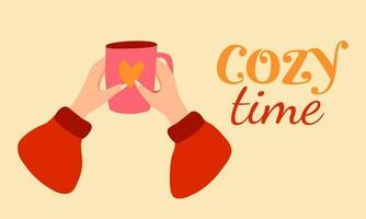 Vector illustration of hand hold coffee cup. Side view. Cozy time