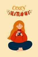 Red-haired girl drinks autumn coffee. Cozy autumn. vector