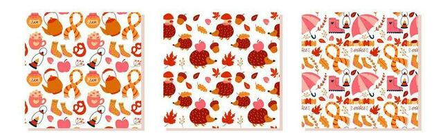 conjunto de otoño hojas, alimento, erizo sin costura patrón, plano diseño modelo. otoño antecedentes vector