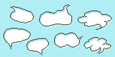 Pixel speech bubble Collection chart dialogue boxes. Retro game 8 bit line text box. Yellow, Black and white color empty pixelated message bar. Quote cloud frames. Flat design vector illustration