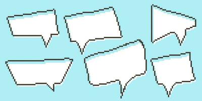 Pixel speech bubble Collection chart dialogue boxes. Retro game 8 bit line text box. Yellow, Black and white color empty pixelated message bar. Quote cloud frames. Flat design vector illustration