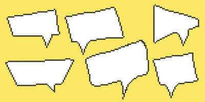 Pixel speech bubble Collection chart dialogue boxes. Retro game 8 bit line text box. Yellow, Black and white color empty pixelated message bar. Quote cloud frames. Flat design vector illustration