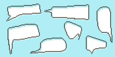 Pixel speech bubble Collection chart dialogue boxes. Retro game 8 bit line text box. Yellow, Black and white color empty pixelated message bar. Quote cloud frames. Flat design vector illustration