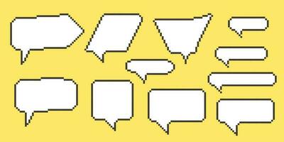 Pixel speech bubble Collection chart dialogue boxes. Retro game 8 bit line text box. Yellow, Black and white color empty pixelated message bar. Quote cloud frames. Flat design vector illustration