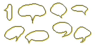 Pixel speech bubble Collection chart dialogue boxes. Retro game 8 bit line text box. Yellow, Black and white color empty pixelated message bar. Quote cloud frames. Flat design vector illustration