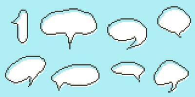 Pixel speech bubble Collection chart dialogue boxes. Retro game 8 bit line text box. Yellow, Black and white color empty pixelated message bar. Quote cloud frames. Flat design vector illustration