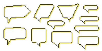 Pixel speech bubble Collection chart dialogue boxes. Retro game 8 bit line text box. Yellow, Black and white color empty pixelated message bar. Quote cloud frames. Flat design vector illustration