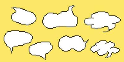 Pixel speech bubble Collection chart dialogue boxes. Retro game 8 bit line text box. Yellow, Black and white color empty pixelated message bar. Quote cloud frames. Flat design vector illustration