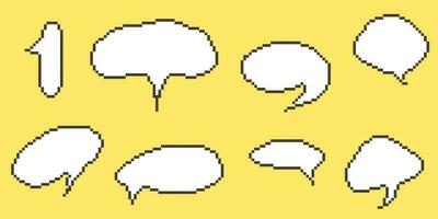 Pixel speech bubble Collection chart dialogue boxes. Retro game 8 bit line text box. Yellow, Black and white color empty pixelated message bar. Quote cloud frames. Flat design vector illustration