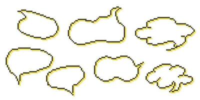 Pixel speech bubble Collection chart dialogue boxes. Retro game 8 bit line text box. Yellow, Black and white color empty pixelated message bar. Quote cloud frames. Flat design vector illustration