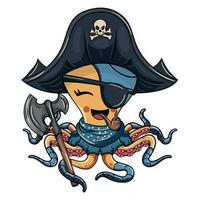 Cartoon comic character of shy octopus cyborg pirate with tricorn hat smoking a pipe with a war axe. Illustration for fantasy, science fiction and adventure comics vector