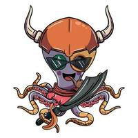 Cartoon cyborg octopus character wearing a viking helmet, holding a pirate sword and smoking a pipe. Illustration for fantasy, science fiction and adventure comics vector