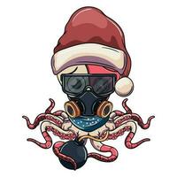 Cartoon sad cyborg octopus character with santa claus hat, glasses and gas mask with a bomb. Illustration for fantasy, science fiction and adventure comics vector