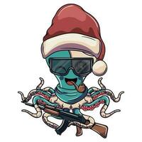 Cartoon cyborg octopus character wearing christmas santa claus hat, with glasses, pipe and a shotgun. Illustration for fantasy, science fiction and adventure comics vector