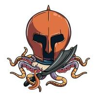 Cartoon cyborg octopus character with medieval gladiator helmet and pirate sword. Illustration for fantasy, science fiction and adventure comics vector