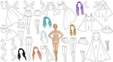 Female Superhero Coloring Page Paper Doll with Cute Cartoon Character, Outfits and Hairstyles. Vector Illustration