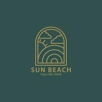 elegant hipster sun sunset with ocean sea beach water logo and coconut tree vector icon in trend linear line, outline logo vector