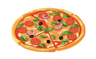 Bright pizza with sausage in cartoon style. vector