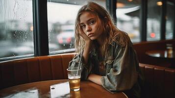 Young Girl Sits Alone and Afraid In a Damp Diner At Night - . photo