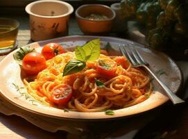 Pasta with meat sauce and some tomatoes photo