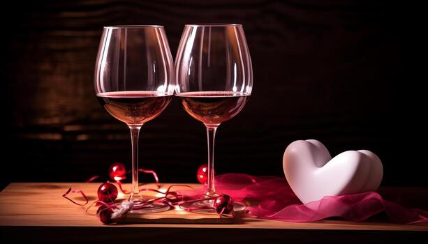 Wine glasses and wine bottles with a red heart heart photo