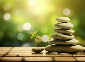 Stacked stones with wooden spa theme board and sticks photo