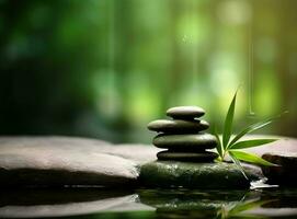 Stacked stones with wooden spa theme board and sticks photo