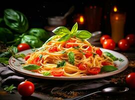 Pasta with meat sauce and some tomatoes photo