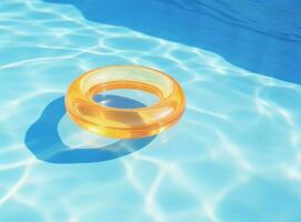 un azul fondo nadando piscina con azul agua abajo un grande amarillo canotaje en el medio foto