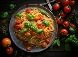 Pasta with meat sauce and some tomatoes photo