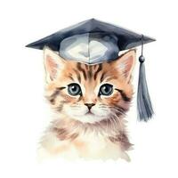 Cute watercolor cat in graduarion cap isolated photo