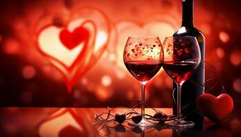 Wine glasses and wine bottles with a red heart heart photo