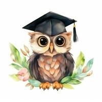 Cute watercolor owl in graduarion cap isolated photo