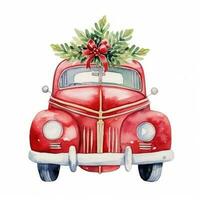 Cute christmas watercolor red retro car with christmas tree lies on it isolated photo