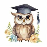 Cute watercolor owl in graduarion cap isolated photo