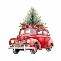 Cute christmas watercolor red retro car with christmas tree lies on it isolated photo